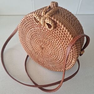 Bali Bag Handwoven Round Rattan Shoulder Leather Straps Natural Chic Hand